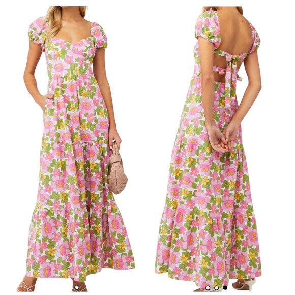 Show Me Your Mumu Cathy Floral Linen Maxi Dress Tie Back Small - Picture 1 of 6
